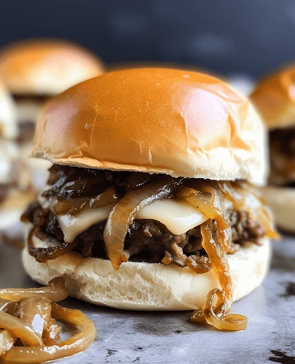 Cheesy Beef and Caramelized Onion Sliders