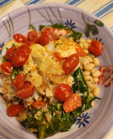 Cod over Tuscan Beans in Lemony Wine Sauce