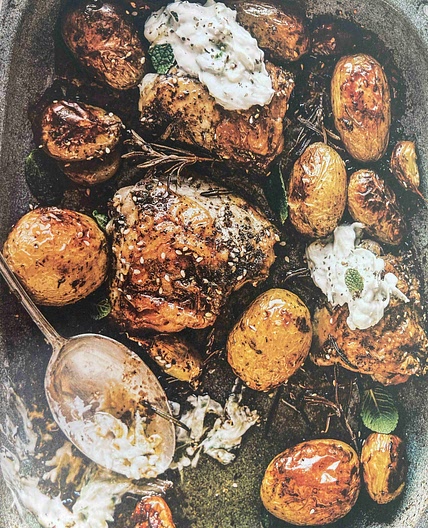 Za’atar chicken and new potato bake with tzatziki