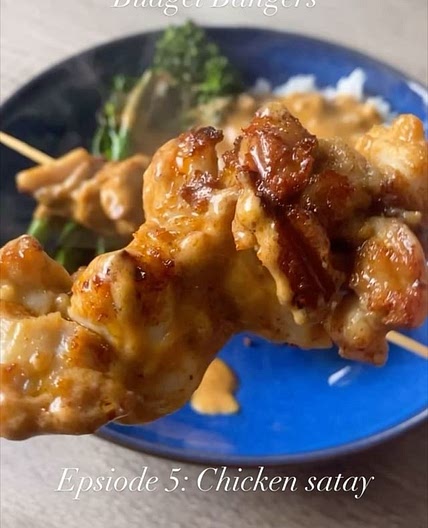 Chicken satay kebabs and rice