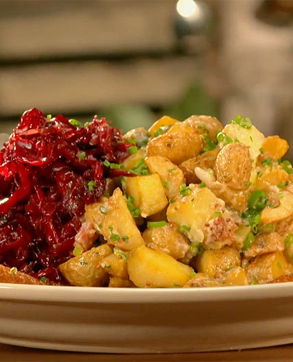 Pork Schnitzel with Mustard Potatoes and Braised Red Cabbage – A