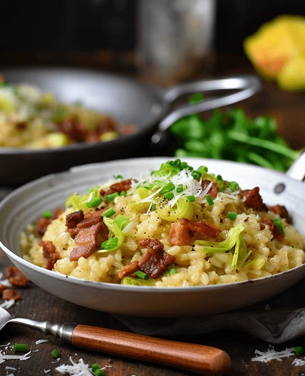 Crispy Bacon and Leek Risotto with Parmesan and Lemon Zest