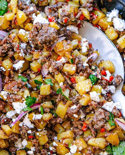 Beef and Potato Hash with Red Pepper and Feta
