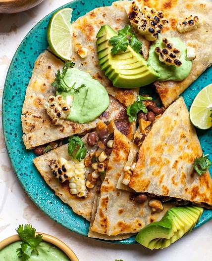 Black Bean & Corn Quesadillas with Avocado Crema