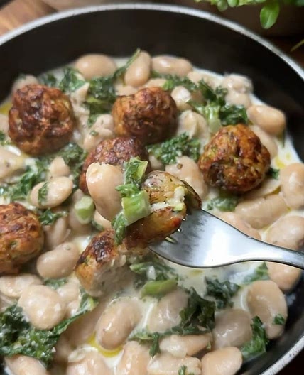 Chicken Courgette Meatballs with Creamy Butter Beans & Garlicky Kale