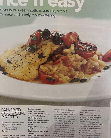 Pan fried cod and olive risotto