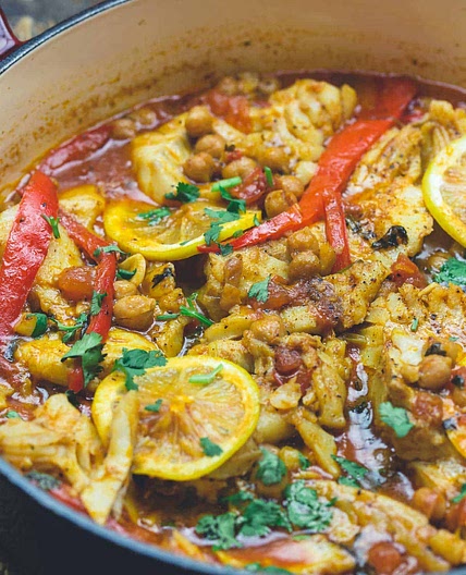Moroccan Fish Tagine with Chickpeas and Vegetables