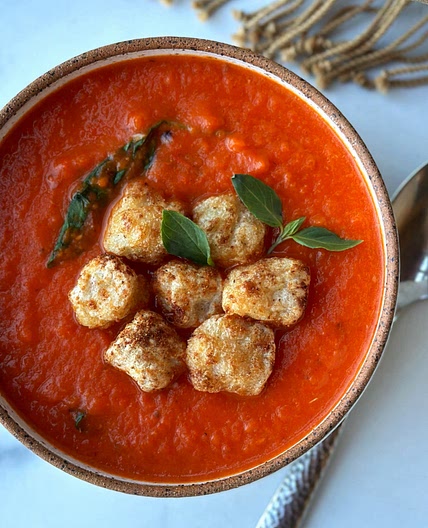 Roasted Bell Pepper Soup with Crispy Gnocchi 