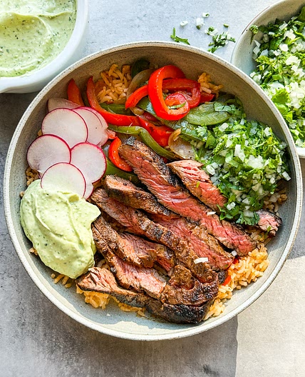 Air Fryer Carne Asada Bowls with Avocado Salsa