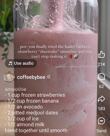 Haley Bieber's strawberry shortcake smoothie