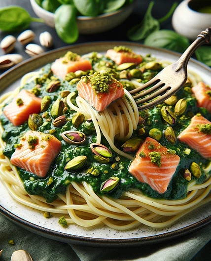 Spaghetti au saumon sauce pistache et épinard