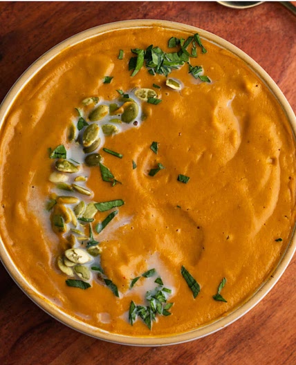 Creamy Carrot Red Lentil Soup with Harissa