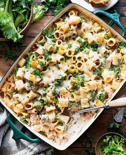Dump-and-Bake Chicken Pesto Alfredo Pasta