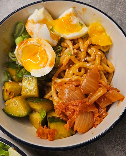 Gochujang Udon with Soft Boiled Eggs and Cucumber