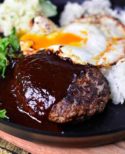 Hambagu (Japanese Hamburger Steak) with Egg and Rice