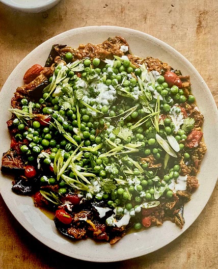 Spiced aubergine and peas