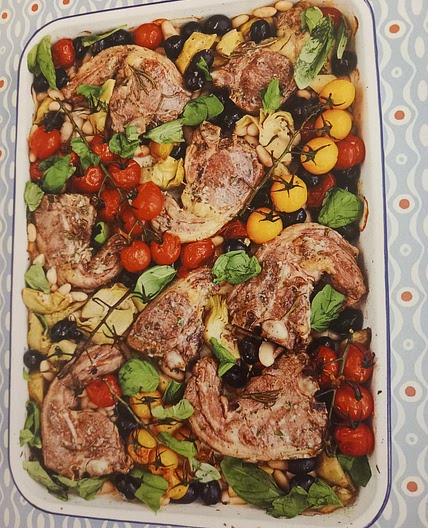 ROSEMARY AND GARLIC ROASTED LAMB WITH ARTICHOKES AND OLIVES