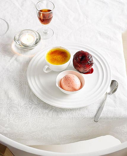 Muscat creme brulee with poached plums and plum sorbet