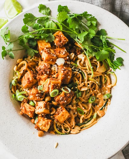 Crispy Tofu with Spicy Peanut Sauce and Sesame Noodles