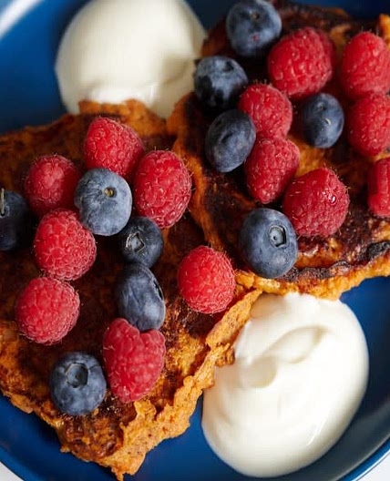 Sweet Potato Pancakes with Berries & Yoghurt (Vegetarian)