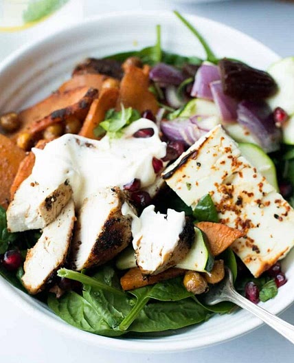 Warm Chicken Salad with Baked Sweet Potato and Feta Cheese