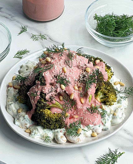Roasted Broccoli with Bean Tzatziki & Beetroot Sauce
