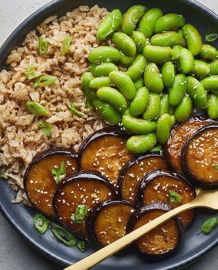 Miso Glazed Eggplant with Edamame & Brown Rice