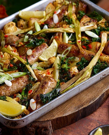 Smoky sausage traybake