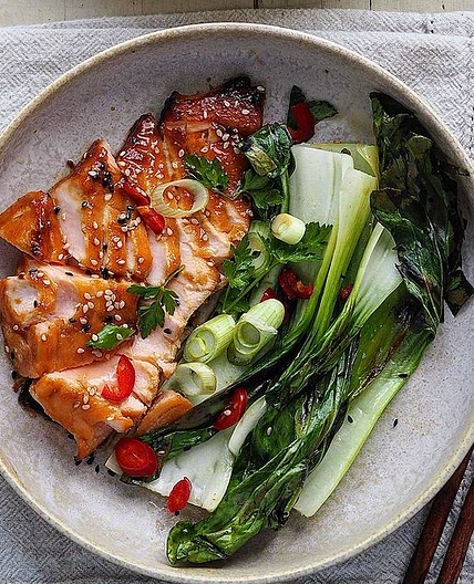 Miso glazed salmon with sesame pak choi