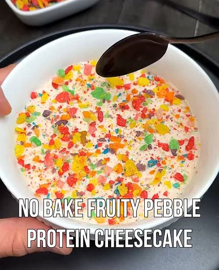 No Bake Fruity Pebble Protein Cheesecake
