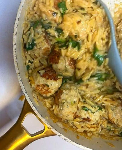 One-Pot Turkey and Feta Meatballs with Orzo