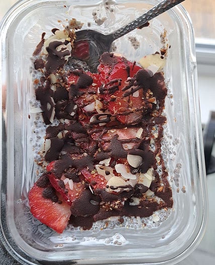 Strawberry & chocolate drizzle almond chia pudding