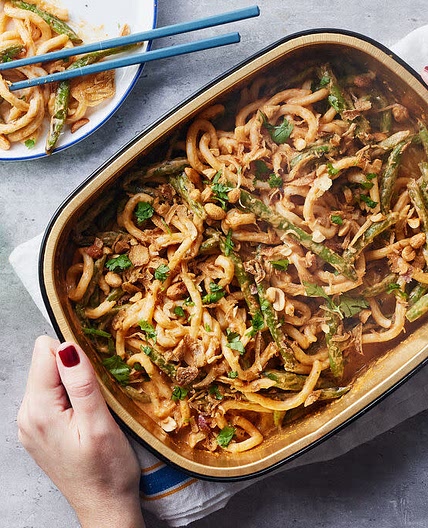 Tray Bake: Peanut Udon Noodles with Green Beans & Fried Onions