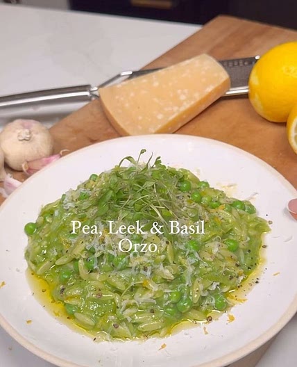 Pea, Leek and Basil Orzo. This is a perfect midweek supper recip