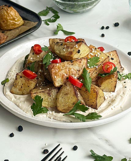 Dirty Potatoes on Whipped Tahini