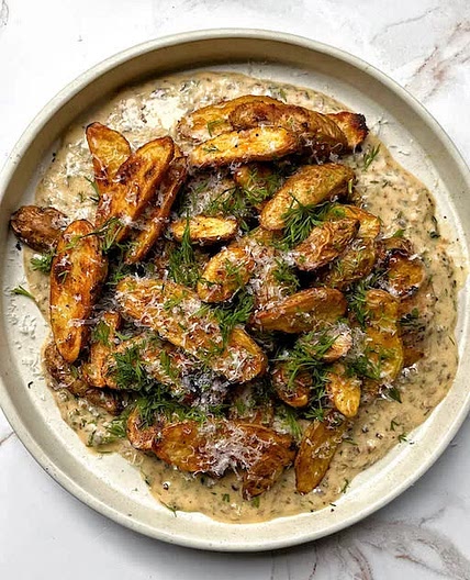 Roasted Fingerling Potatoes with Hot Honey Yogurt Ranch