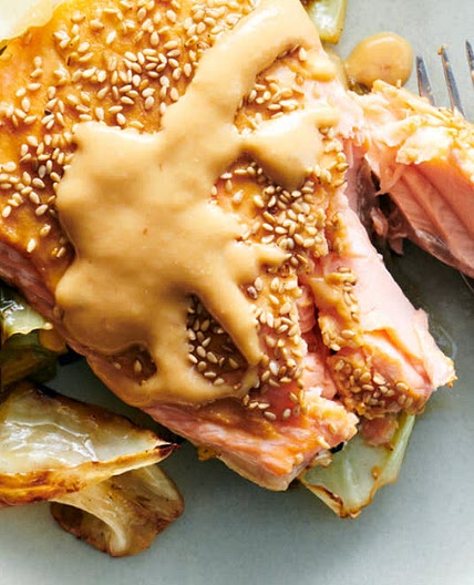 Miso mustard roasted salmon & broccoli 
