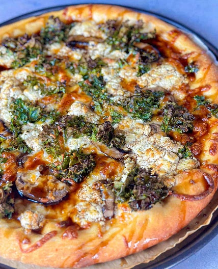 Balsamic Goat Cheese Kale and Mushroom Pizza