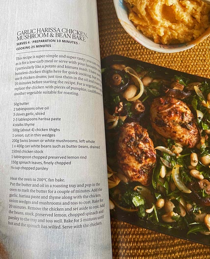 Garlic harissa chicken, mushroom & bean bake - cuisine 218, p40