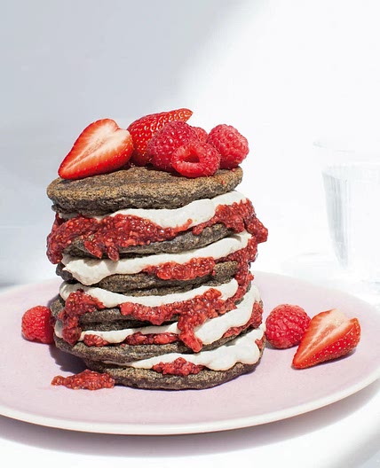 Superfood Pancakes with Chia-Berry Compote & Lemon-Cashew Crème