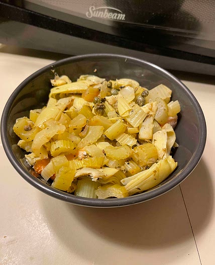 Pan-Roasted Halibut [Chicken] with Artichoke and Celery Salad an