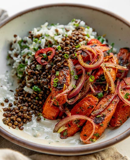 Roasted lentils and carrots with marinated onions