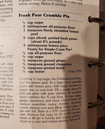 Fresh Pear Crumble Pie (red cookbook)