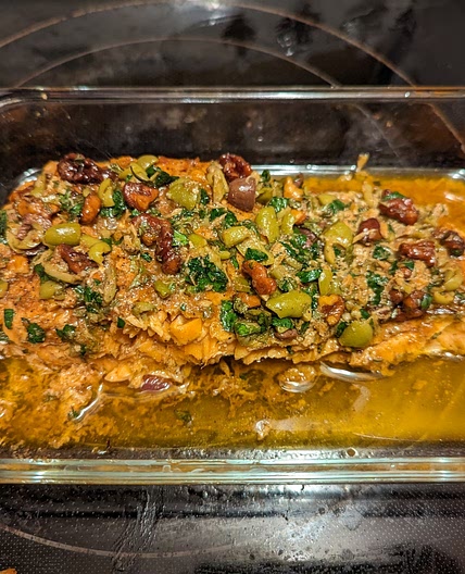 Baked Salmon with Olive and Walnut topping