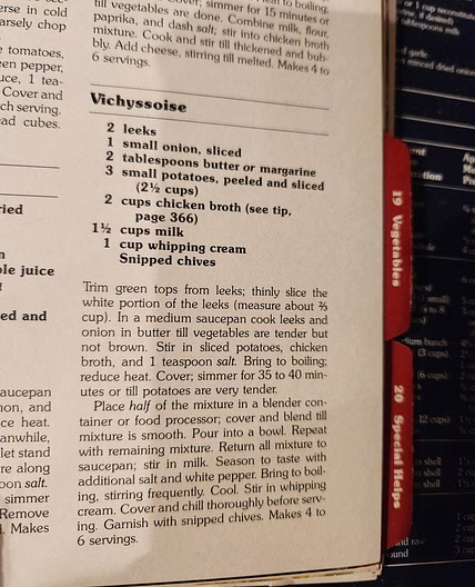 Vichyssoise (chilled leek onion potato soup) (red cookbook)