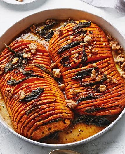 Hasselback pumpkin with sage and walnuts