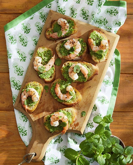 Snap Pea Pesto and Shrimp Crostini