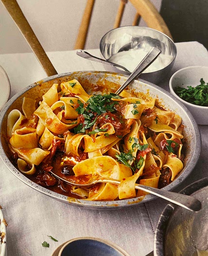 Pappardelle with rose harissa, black olive (Ottolenghi)