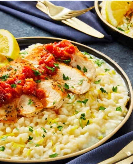 Tomato Bacon Jam Chicken and Lemon Herb Risotto