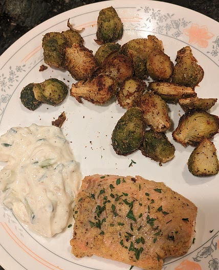 Roasted Salmon and Sprouts with Tzatziki